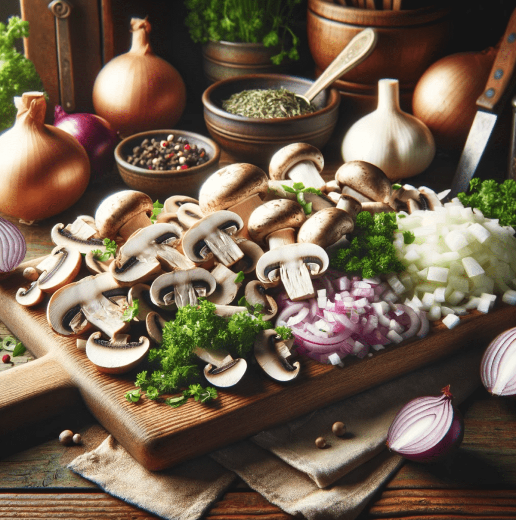 mushroom dressing ingredients laid out on a cutting board